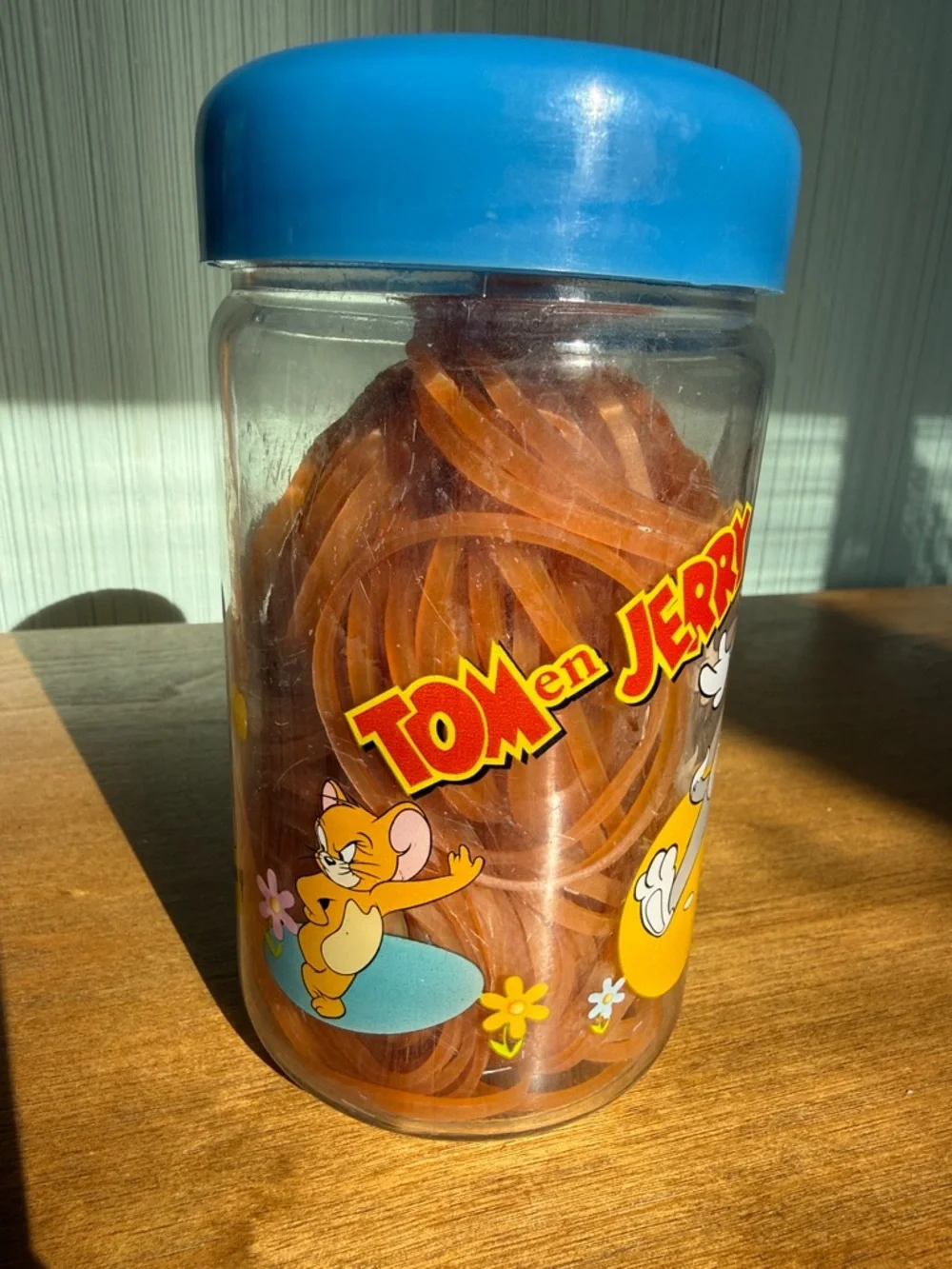 Quirky Retro Oddball Vintage Floral Cartoon Tom & Jerry Storage Jar w/ Blue Lid